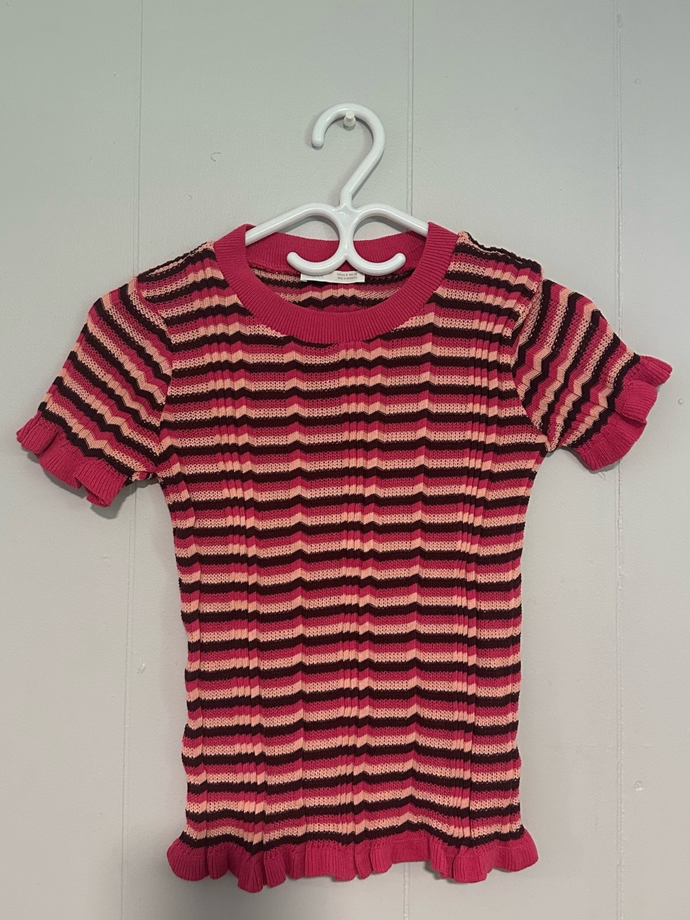 Zara Pink and Black Striped Short Sleeve Knit Top